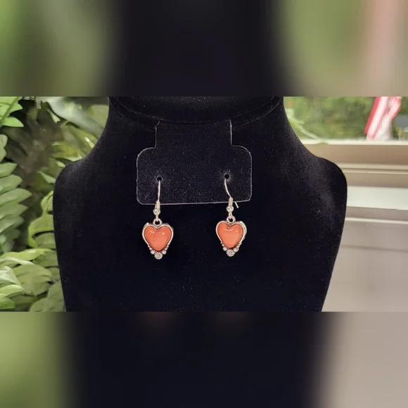 Western Coral Orange & Silver Dangle Heart Earrings  / Pierced - Picture 4 of 5